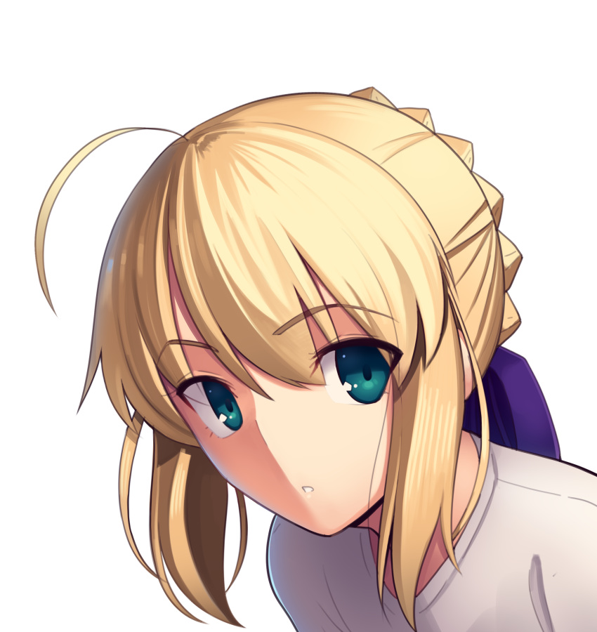 1girl :o absurdres ahoge alternate_costume artoria_pendragon_(all) bangs blonde_hair boa_(brianoa) braid casual eyebrows_visible_through_hair face fate/stay_night fate_(series) green_eyes hair_bun hair_ribbon highres looking_at_viewer purple_ribbon ribbon saber shirt short_hair sidelocks simple_background solo upper_body white_background white_shirt