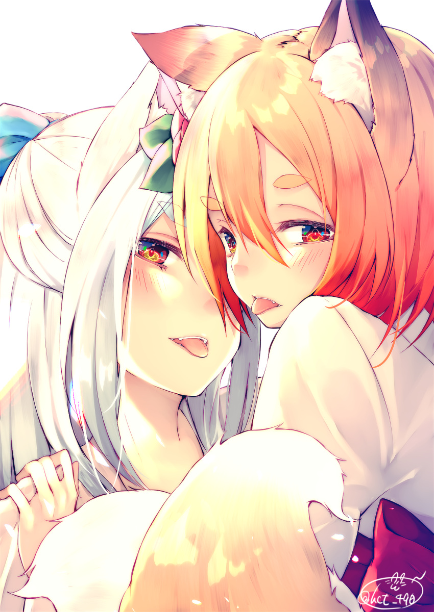 2girls animal_ears bangs blue_ribbon blush chita_(ketchup) eyebrows_visible_through_hair flower fox_ears fox_girl fox_tail hair_flower hair_ornament hair_ribbon half_updo hand_on_another's_shoulder highres imminent_kiss japanese_clothes kimono long_hair looking_at_viewer looking_back multiple_girls open_mouth orange_hair original red_eyes ribbon signature simple_background tail teeth tongue tongue_out twitter_username upper_body white_background white_hair yuri
