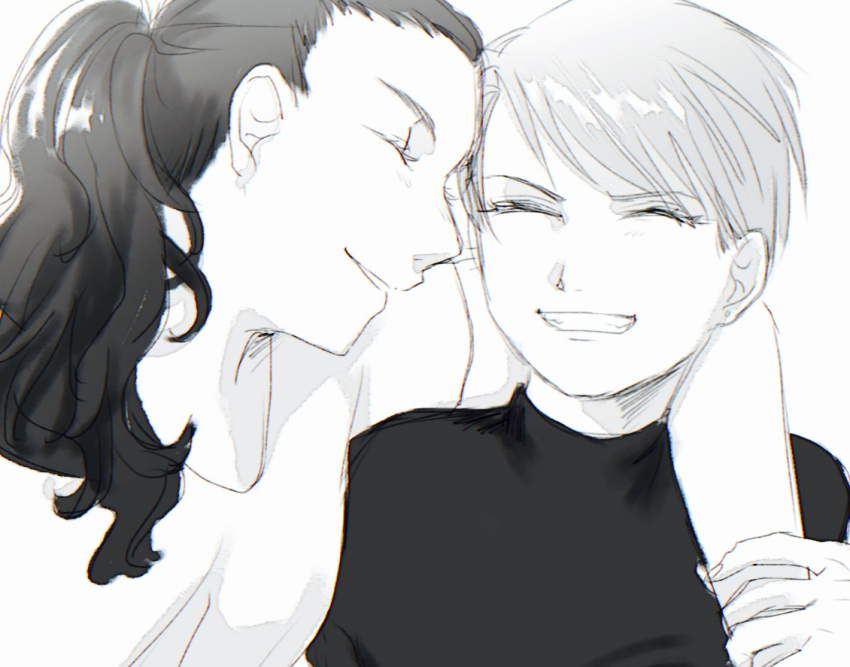 2girls black_hair black_shirt closed_eyes earrings eyebrows_visible_through_hair eyelashes fullmetal_alchemist greyscale happy jewelry monochrome multiple_girls ponytail rebecca_catalina riza_hawkeye shirt short_hair simple_background smile white_background white_shirt