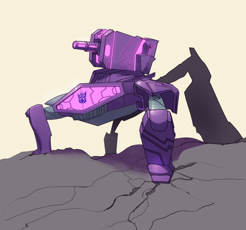 1boy alternate_form cannon decepticon fausto full_body glowing insignia no_humans shockwave_(transformers) simple_background solo standing transformers weapon white_background