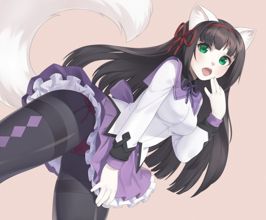 1girl akemi_homura akemi_homura_(cosplay) animal_ears animal_nose argyle argyle_legwear bangs black_hair black_legwear blunt_bangs breasts cosplay cristalavi dutch_angle fur green_eyes hair_ribbon hairband highres long_hair long_sleeves magical_girl mahou_shoujo_madoka_magica medium_breasts miniskirt open_mouth original panties panties_under_pantyhose pantyhose pantyshot pantyshot_(standing) petticoat pink_background pleated_skirt purple_skirt red_hairband red_panties red_ribbon ribbon serenity_(miniruri) side-tie_panties skirt solo standing tail thighband_pantyhose underwear upskirt wolf_ears wolf_tail