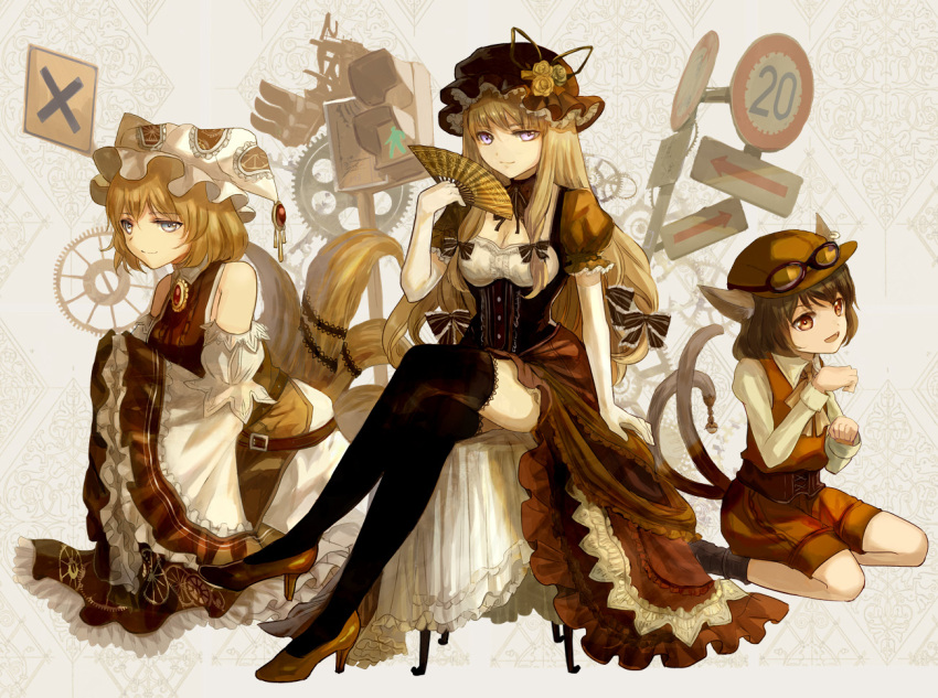 3girls alternate_hairstyle animal_ears blonde_hair breasts brown_eyes brown_hair cat_ears cat_tail chen cleavage detached_sleeves dress elbow_gloves fan folding_fan fox_tail gloves goggles grey_eyes hair_ribbon hat jewelry keiko_(mitakarawa) kneeling long_hair looking_at_viewer mob_cap multiple_girls multiple_tails orange_eyes paw_pose ribbon road_sign short_hair shorts sign sitting smile steampunk tail thigh-highs touhou violet_eyes white_eyes wide_sleeves yakumo_ran yakumo_yukari