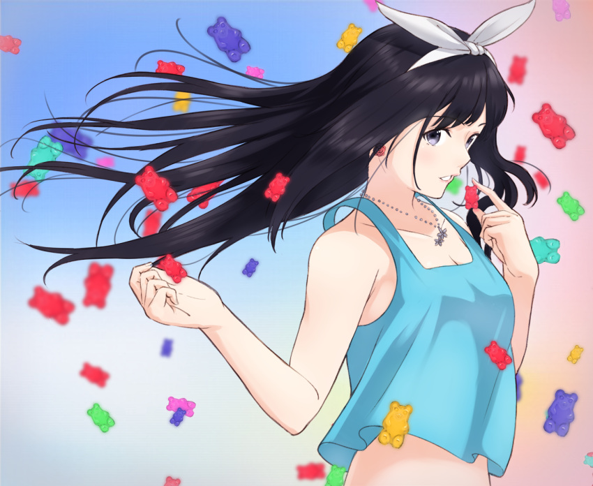1girl black_eyes black_hair blue_tank_top breasts candy cleavage collarbone commentary_request floating_hair food gummy_bear hair_ribbon hairband holding long_hair looking_at_viewer looking_to_the_side medium_breasts original parted_lips ribbon rose_earrings solo tank_top tsukiman white_hairband white_ribbon