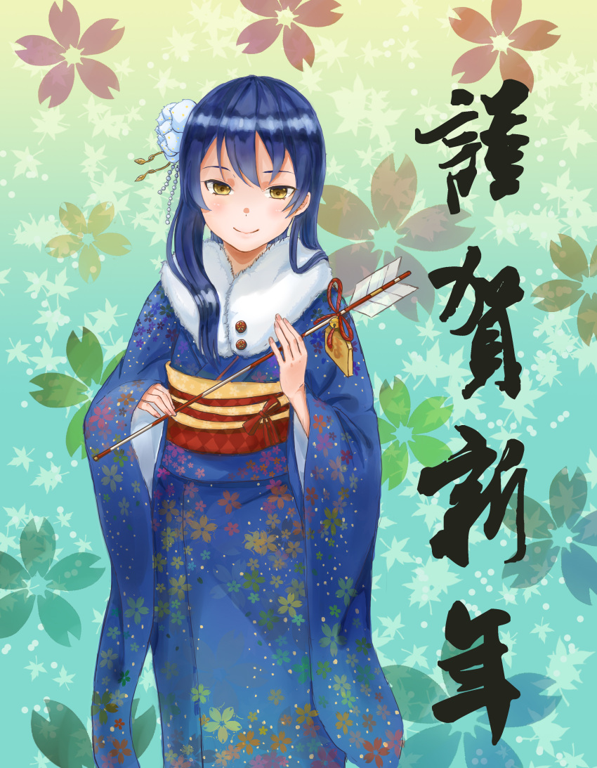 1girl absurdres arrow artist_request bangs blue_hair commentary_request floral_print flower furisode hair_between_eyes hair_flower hair_ornament hamaya highres holding_arrow japanese_clothes kimono long_hair long_sleeves looking_at_viewer love_live! love_live!_school_idol_festival love_live!_school_idol_project new_year smile solo sonoda_umi wide_sleeves yellow_eyes