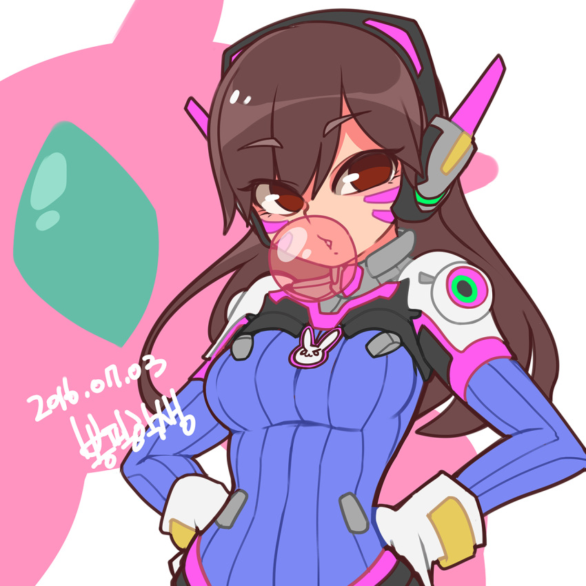 1girl bongfill breasts brown_eyes brown_hair bubble_blowing chewing_gum d.va_(overwatch) dated eyebrows_visible_through_hair hands_on_hips highres long_hair looking_at_viewer medium_breasts overwatch parted_lips signature solo upper_body