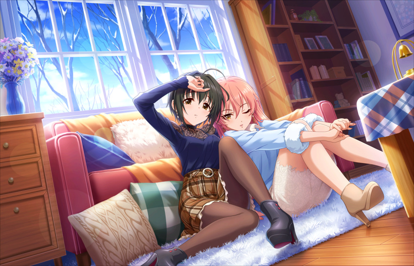 2girls ahoge ankle_boots artist_request bangs belt black_hair blue_sky boots brown_eyes carpet checkered checkered_skirt couch day earrings eyelashes flower hair_down idolmaster idolmaster_cinderella_girls idolmaster_cinderella_girls_starlight_stage indoors jewelry jougasaki_mika kohinata_miho long_sleeves multiple_girls official_art one_eye_closed pantyhose parted_lips pillow pink_hair plaid plaid_skirt short_hair skirt sky snow table window winter yellow_eyes