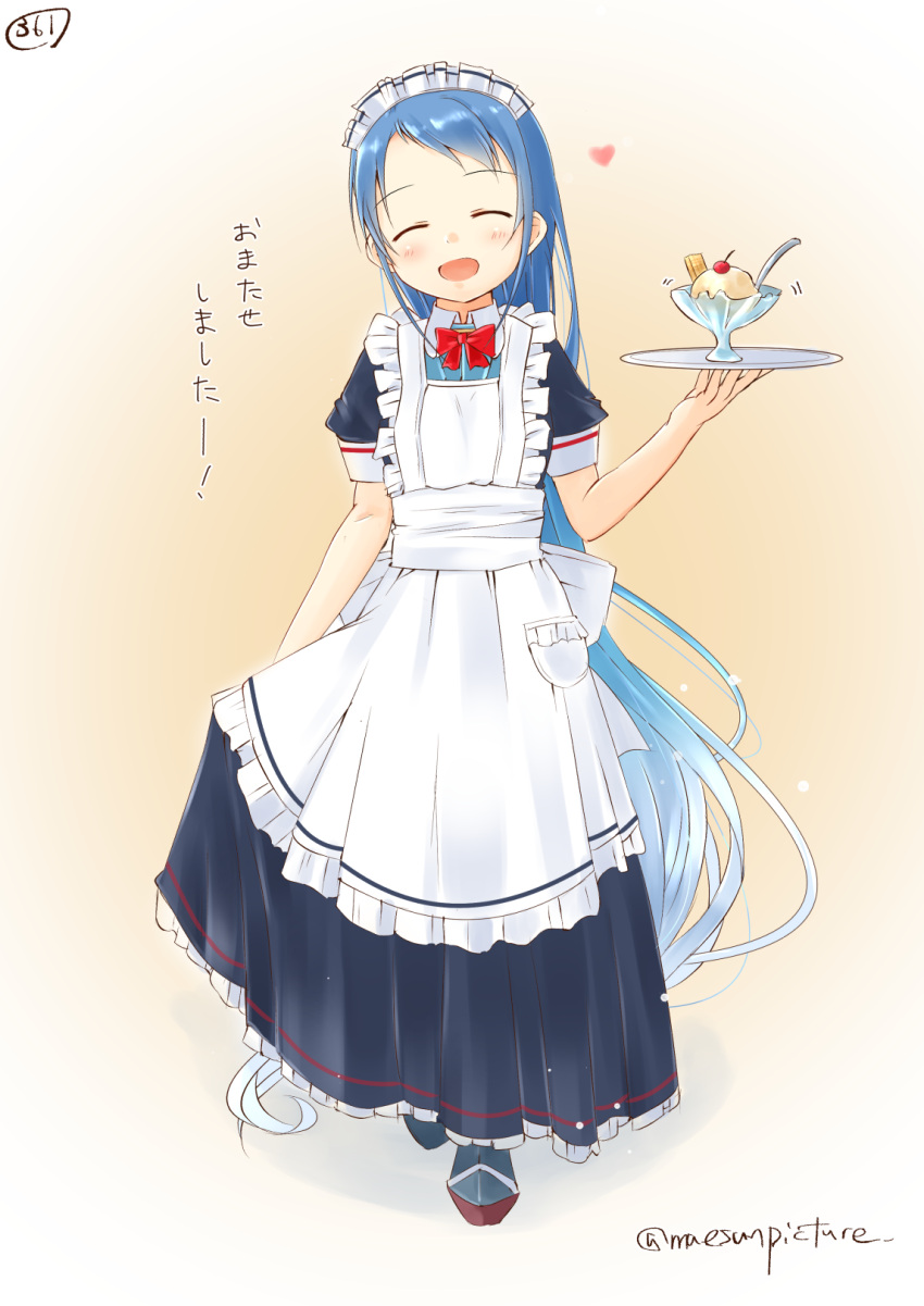 blue_hair closed_eyes dessert food headwear heart highres kantai_collection long_hair mae_(maesanpicture) samidare_(kantai_collection) smile very_long_hair waitress