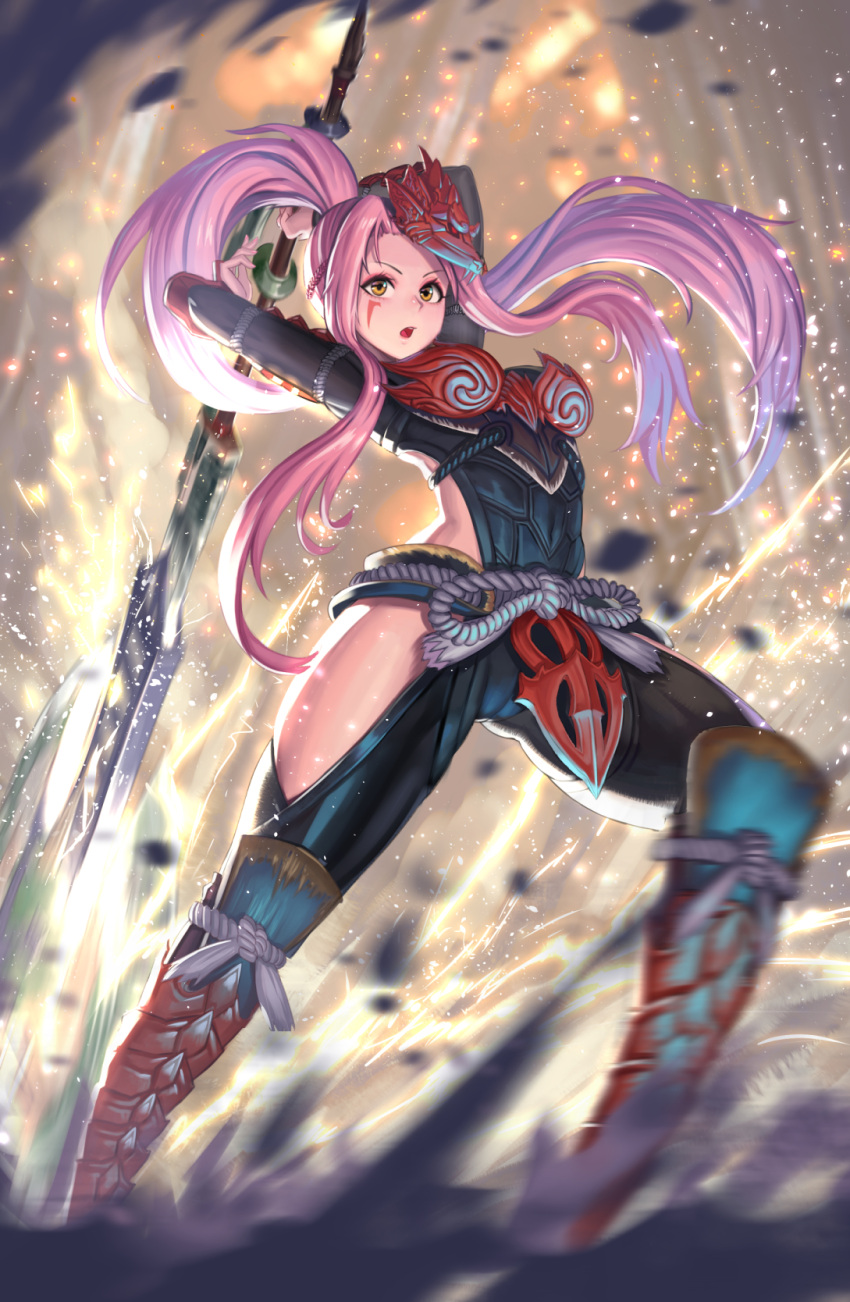 1girl armor arms_up breastplate breasts debris facial_mark full_body greatsword highres hip_vent long_hair looking_at_viewer makeup mascara mask monster_hunter monster_hunter:_world moonandmist odogaron_(armor) open_mouth pink_hair sidelocks standing twintails very_long_hair weapon yellow_eyes