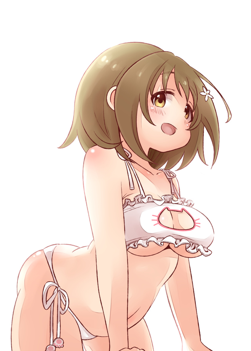 all_fours ass belly blush bra breasts brown_eyes brown_hair cat_cutout cat_lingerie collarbone fat_folds hair_ornament highres idolmaster idolmaster_cinderella_girls large_breasts maka073 meme_attire mimura_kanako navel open_mouth panties plump short_hair underwear white_bra white_panties