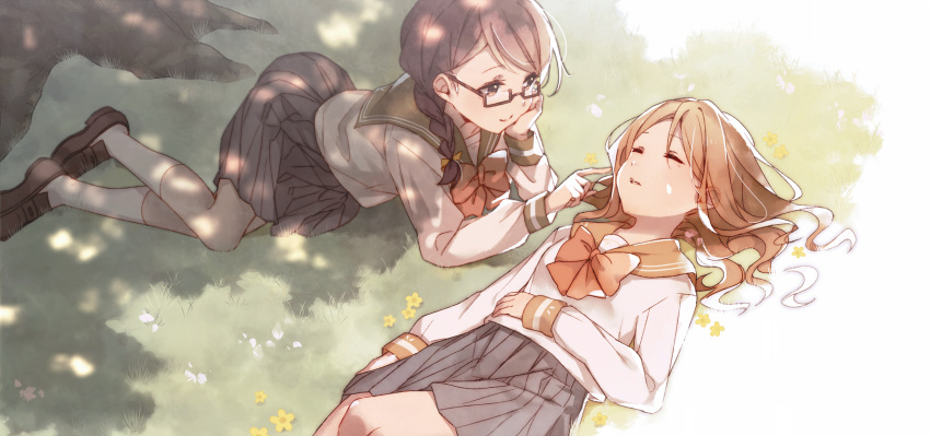 2girls black_hair bow bowtie braid cheek_poking chin_rest closed_eyes commentary_request glasses hand_on_own_stomach highres hotechige loafers long_sleeves looking_at_another lying multiple_girls on_back on_grass on_ground on_stomach orange_hair original parted_lips pleated_skirt poking school_uniform semi-rimless_eyewear shade shoes skirt sleeping smile socks under-rim_eyewear white_legwear yuri