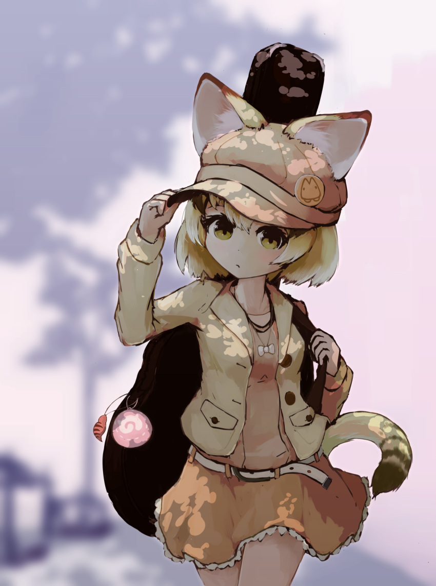 alternate_costume animal_ears bare_legs belt blonde_hair buttons cat_ears cat_tail commentary_request contemporary guitar_case hand_on_headwear hat hat_with_ears highres instrument_case jacket japari_symbol jewelry kemono_friends lucky_beast_(kemono_friends) necklace pleated_skirt sand_cat_(kemono_friends) short_hair skirt suginakara_(user_ehfp8355 tail tsuchinoko