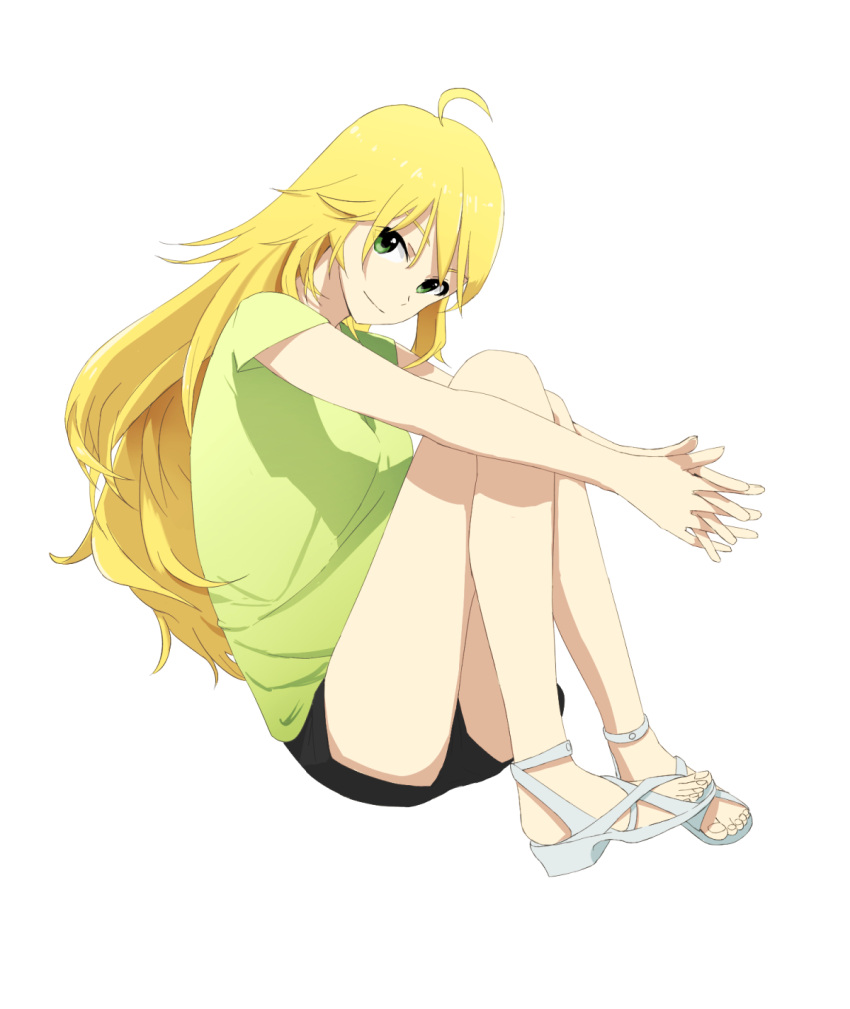 1girl ahoge blonde_hair breasts epitaph_(1122) green_eyes highres hoshii_miki idolmaster long_hair looking_at_viewer sandals shorts simple_background smile solo very_long_hair white_background