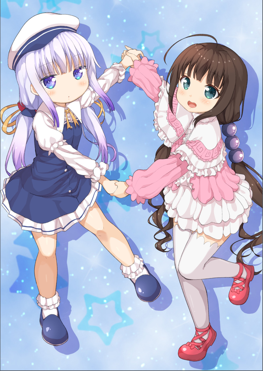 2girls :d :o absurdres ahoge alternate_hairstyle bangs beret blue_dress blue_eyes blue_footwear blunt_bangs blush bobby_socks brown_hair capelet commentary_request cosplay costume_switch crossover dress eyebrows_visible_through_hair hand_holding hat highres hinatsuru_ai hinatsuru_ai_(cosplay) kanna_kamui kanna_kamui_(cosplay) kobayashi-san_chi_no_maidragon long_hair long_sleeves looking_at_viewer low_twintails miyabi_(miyabeeya) multiple_girls open_mouth parted_lips pink_dress puffy_long_sleeves puffy_short_sleeves puffy_sleeves red_footwear ryuuou_no_oshigoto! school_uniform shoes short_over_long_sleeves short_sleeves sidelocks silver_hair smile socks thigh-highs twintails very_long_hair white_capelet white_hat white_legwear