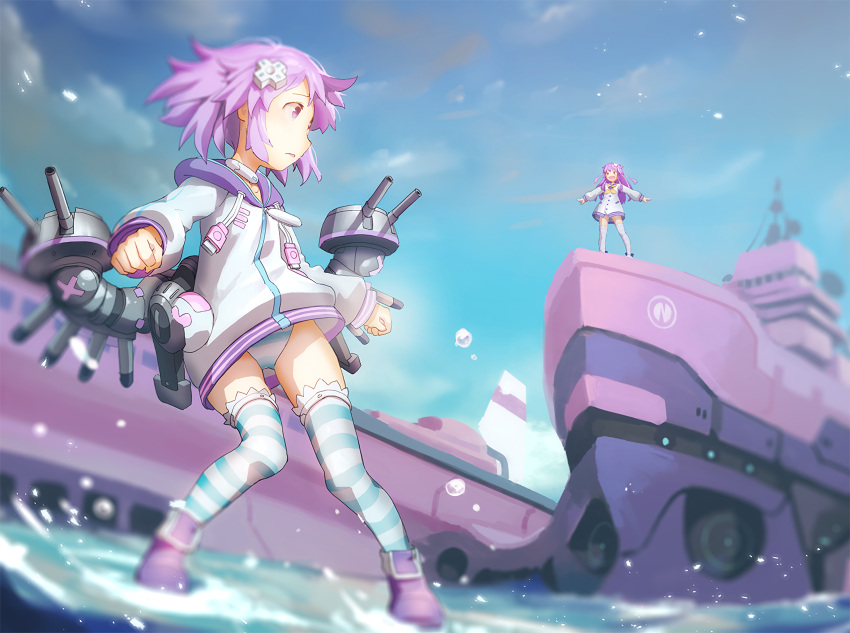 2girls azur_lane boots d-pad d-pad_hair_ornament full_body hair_ornament highres hood hood_down hooded_track_jacket horizontal-striped_legwear horizontal_stripes jacket lace-trimmed_legwear long_sleeves multiple_girls nepgear neptune_(choujigen_game_neptune) neptune_(series) purple_hair segamark short_hair siblings sisters solo striped striped_legwear thigh-highs torpedo torpedo_tubes track_jacket turret violet_eyes water