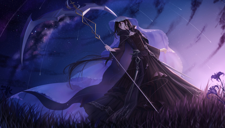 1girl absurdres black_cape black_dress black_hair cape closed_mouth clouds dress dutch_angle earrings expressionless flat_chest flower from_below gradient_sky grass hair_between_eyes highres holding holding_weapon huge_weapon jewelry long_hair long_sleeves looking_to_the_side original scythe see-through shooting_star sky solo star_(sky) starry_sky twilight veil violet_eyes weapon wide_sleeves xing_muhen
