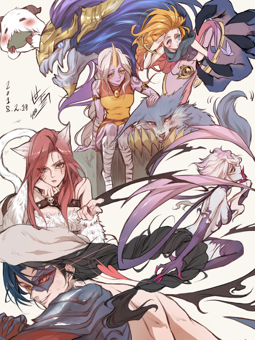 1boy 3girls absurdres armlet armor aurelion_sol_(league_of_legends) bare_shoulders bebseo black_hair black_sclera blue_skin bracelet braid breasts butterfly claws dated fang green_eyes highres horn jewelry katarina_du_couteau kayn league_of_legends long_hair looking_at_another looking_at_viewer medium_breasts multiple_girls open_mouth orange_hair pointy_ears poro_(league_of_legends) purple_skin red_eyes redhead sideboob sitting smile soraka standing tattoo violet_eyes warwick white_hair yellow_eyes zoe_(league_of_legends)