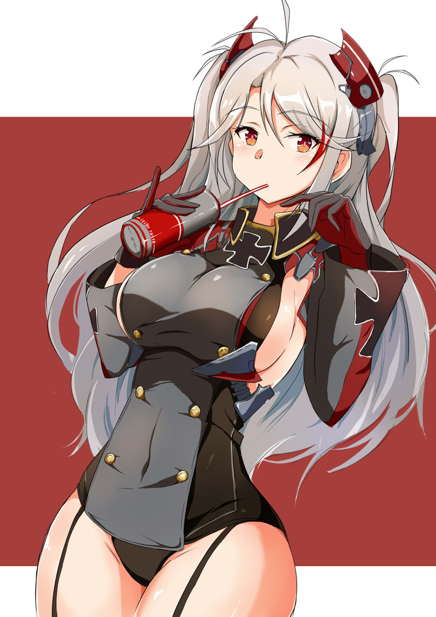 1girl absurdres antenna_hair azur_lane breasts drinking_straw headgear highres hips iron_cross j.roswel large_breasts light_brown_hair looking_at_viewer pinky_out prinz_eugen_(azur_lane) sideboob solo