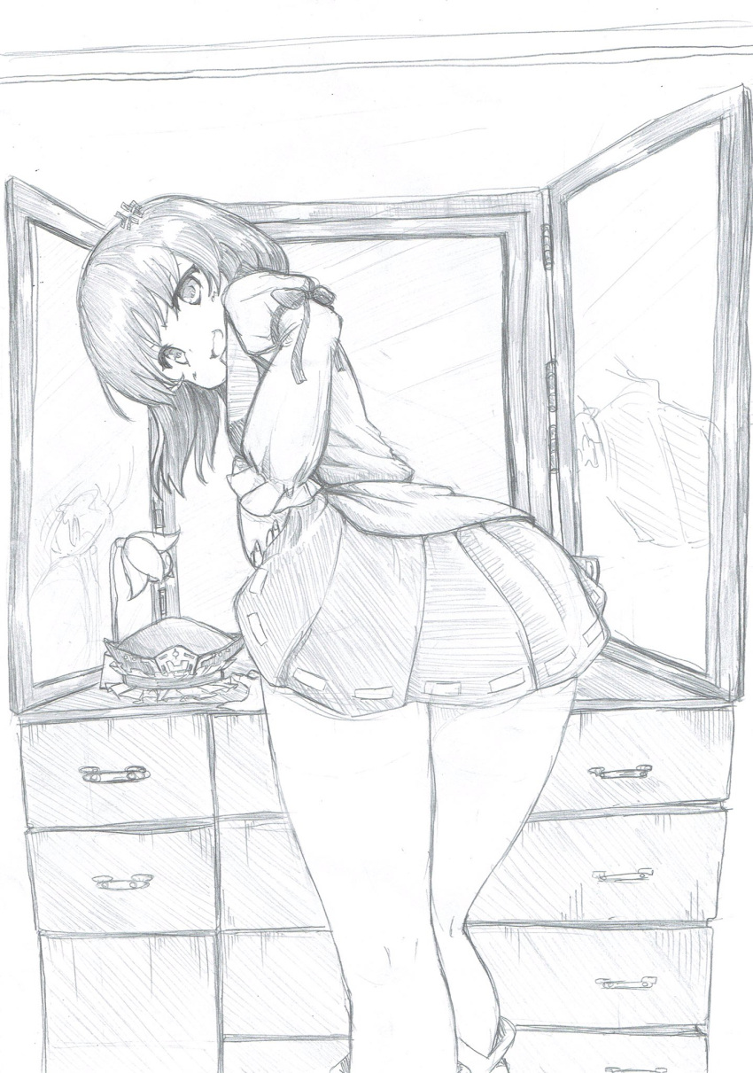 1girl :d anger_vein ass bent_over blouse blush bow chest_of_drawers commentary commentary_request feet_out_of_frame flower frilled_sleeves frills graphite_(medium) greyscale hand_on_hip headwear_removed highres juliet_sleeves legs long_sleeves looking_at_viewer mahiro_(akino-suisen) medium_hair miniskirt mirror monochrome open_mouth puffy_sleeves shiki_eiki shoes skirt smile solo touhou traditional_media voyeurism