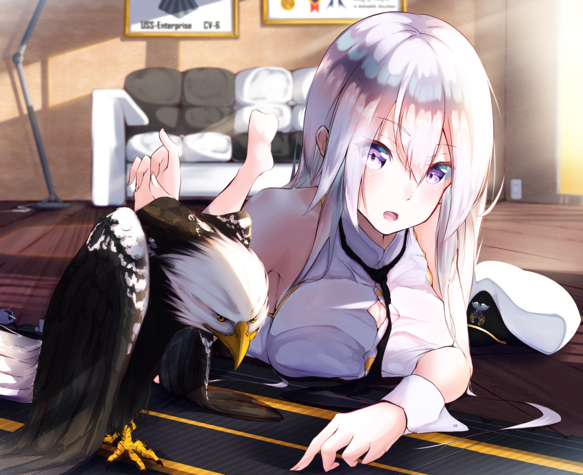 1girl armpits azur_lane bald_eagle bare_shoulders bird black_neckwear blush breasts buttons character_name commentary_request couch eagle electric_socket enterprise_(azur_lane) eyebrows_visible_through_hair eyelashes fingernails flight_deck hair_between_eyes hat hat_removed headwear_removed highres indoors large_breasts long_hair looking_at_viewer lying medal military military_uniform murata_ryou necktie no_jacket no_shoes on_stomach open_mouth peaked_cap shirt silver_hair sleeveless sleeveless_shirt solo sunlight uniform violet_eyes wall white_shirt wooden_floor