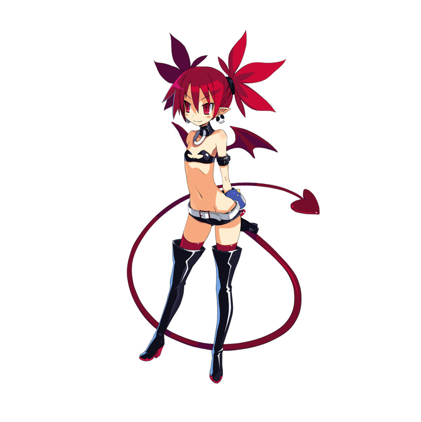 belt black_gloves black_legwear boots choker demon_girl demon_tail demon_wings disgaea earrings etna flat_chest full_body gloves harada_takehito highres jewelry long_tail lowleg lowleg_pants mini_wings navel official_art pants pointy_ears red_eyes redhead short_shorts shorts skull_earrings slit_pupils smile tail thigh-highs thigh_boots transparent_background wings