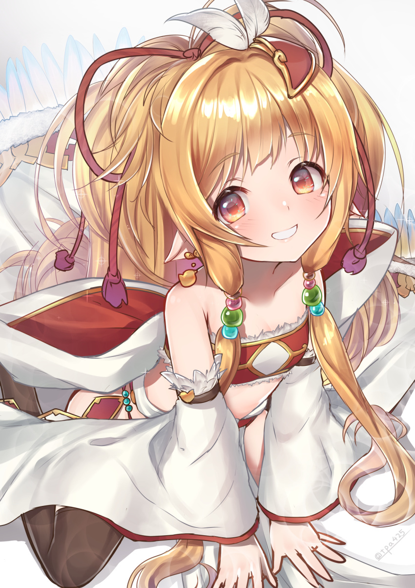 1girl bare_shoulders black_legwear blonde_hair blush commentary_request detached_sleeves earrings feathers granblue_fantasy grin harbin highres jewelry long_hair looking_at_viewer makira_(granblue_fantasy) smile topia twitter_username very_long_hair wide_sleeves