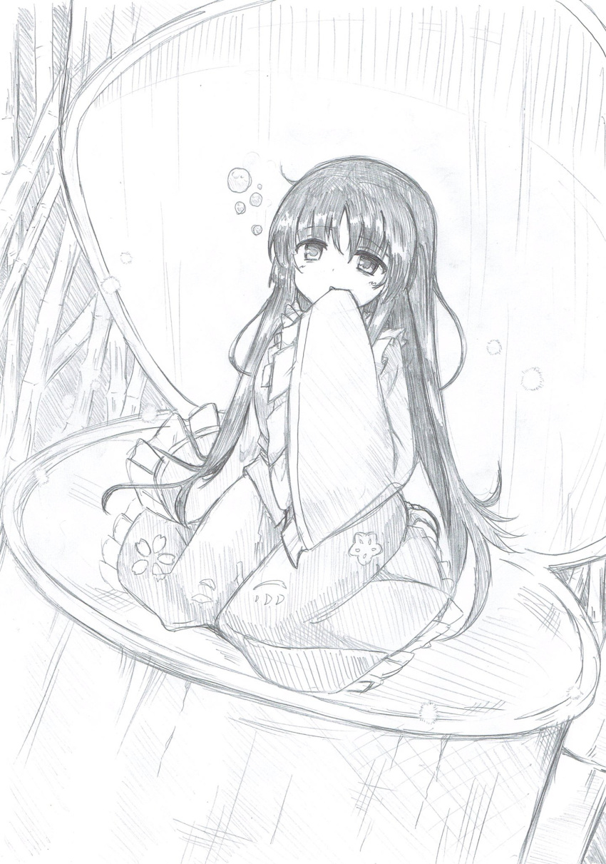 1girl bamboo bamboo_forest bangs blouse blush bubble clam_shell clothes_in_mouth commentary commentary_request eyebrows_visible_through_hair forest frilled_blouse frilled_skirt frilled_sleeves frills graphite_(medium) greyscale hair_between_eyes highres hime_cut houraisan_kaguya long_hair long_skirt long_sleeves mahiro_(akino-suisen) monochrome nature patterned_clothing petticoat seiza shoes sitting skirt solo touhou traditional_media very_long_hair wide_sleeves