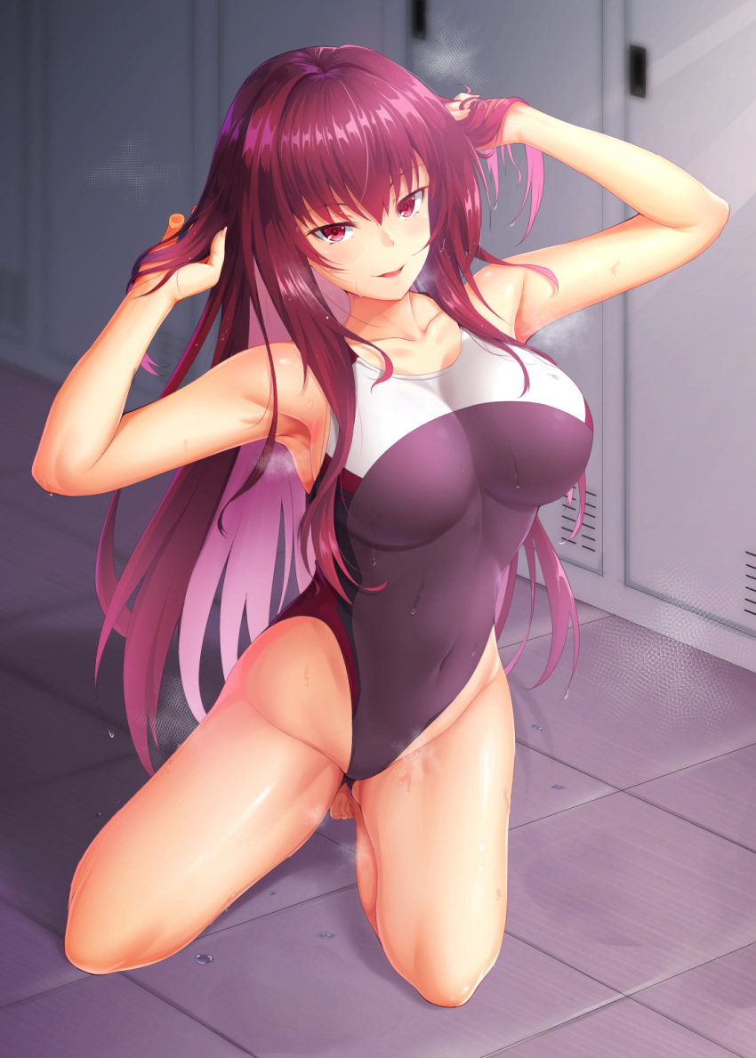 1girl alternate_costume armpits breasts competition_swimsuit covered_navel fate/grand_order fate_(series) highres large_breasts long_hair one-piece_swimsuit purple_hair red_eyes scathach_(fate/grand_order) solo swimsuit wet zuizhong