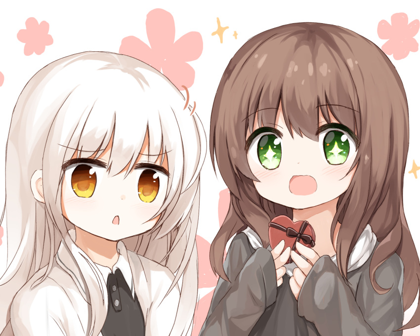 +_+ 2girls :d bangs black_hoodie black_shirt blush box brown_eyes brown_hair collared_shirt eyebrows_visible_through_hair gift gift_box green_eyes hair_between_eyes heart-shaped_box highres holding holding_gift hood hood_down hoodie jacket long_hair long_sleeves looking_at_viewer multiple_girls open_clothes open_jacket open_mouth original parted_lips shirt sleeves_past_wrists smile sparkle white_hair white_jacket yuuhagi_(amaretto-no-natsu)