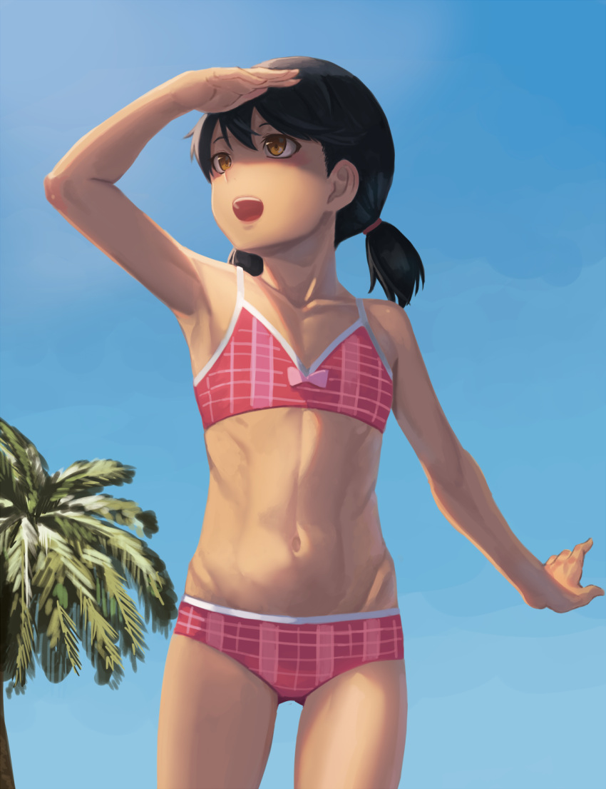 1girl :d arm_up armpits bangs bare_arms bare_shoulders bikini black_hair blue_sky blush bow brown_eyes covering_face cowboy_shot day doraemon flat_chest hair_tie highres looking_afar looking_up low_twintails minamoto_shizuka open_mouth outdoors palm_tree pink_bow plaid plaid_bikini ranma_(kamenrideroz) red_bikini shadow short_hair sky smile solo standing sunlight swimsuit tareme thighs toned tree twintails upper_teeth