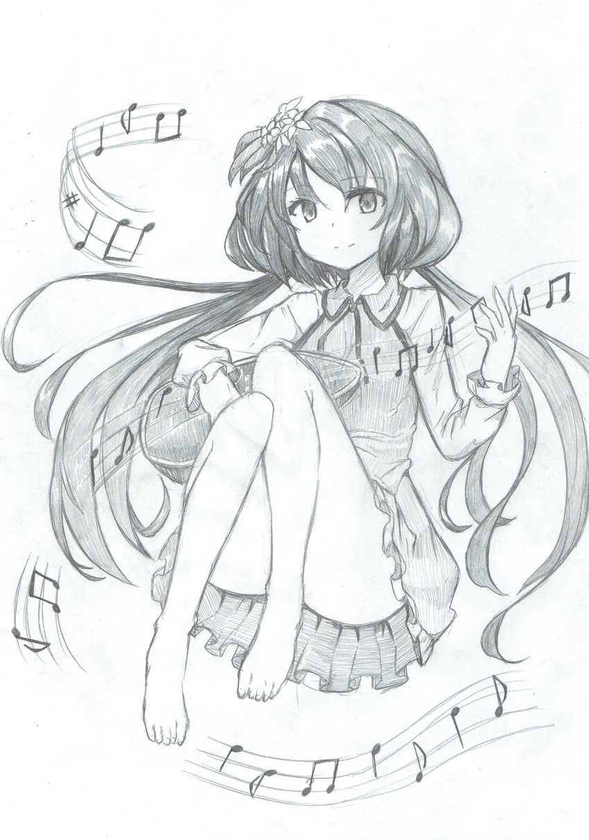 1girl bangs barefoot beamed_quavers biwa_lute closed_mouth collar commentary_request dress eyebrows_visible_through_hair flower frilled_dress frilled_sleeves frills graphite_(medium) greyscale hair_flower hair_ornament highres instrument legs legs_up long_hair long_sleeves looking_at_viewer low_twintails lute_(instrument) mahiro_(akino-suisen) monochrome music musical_note neck_ribbon no_panties playing_instrument ribbon sitting smile solo touhou traditional_media tsukumo_benben twintails very_long_hair
