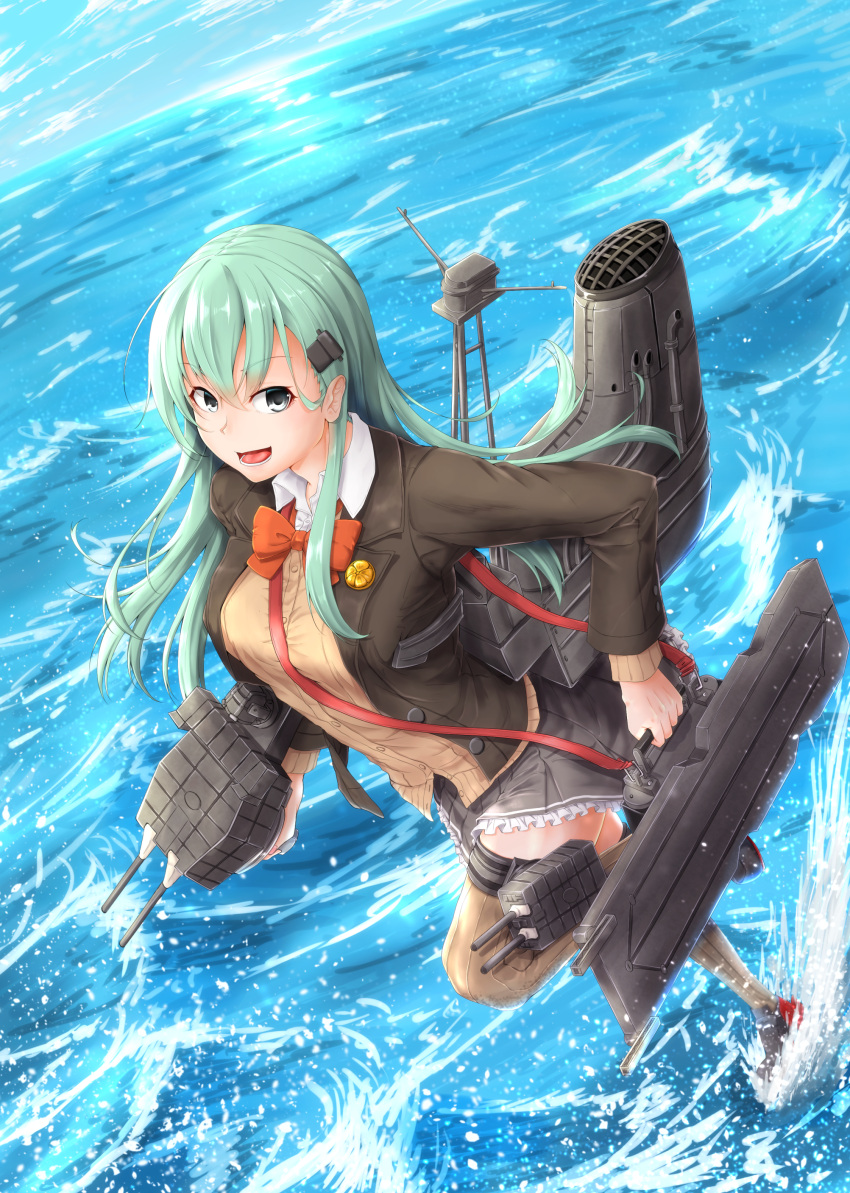 1girl absurdres aqua_eyes aqua_hair ascot breasts brown_legwear brown_skirt cannon cardigan flight_deck hair_ornament hairclip highres jacket kantai_collection kuromu long_hair machinery mast ocean open_cardigan open_clothes open_mouth pleated_skirt remodel_(kantai_collection) school_uniform skirt smile smokestack solo suzuya_(kantai_collection) thigh-highs turret water