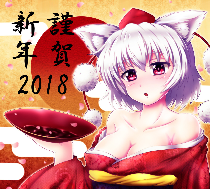 1girl 2018 animal_ears bare_shoulders blush breasts cleavage collarbone commentary_request hat highres inubashiri_momiji japanese_clothes kimono large_breasts looking_at_viewer off_shoulder open_mouth petals red_eyes short_hair silver_hair solo sotomichi tokin_hat touhou translation_request wolf_ears