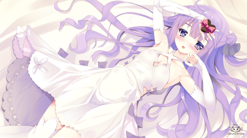 1girl absurdres artist_name azur_lane bare_shoulders bed_sheet black_ribbon blush bow breasts chocolate chocolate_heart cleavage collarbone commentary_request criss-cross_halter detached_sleeves dress gift gift_wrapping hair_bun hair_ribbon halterneck heart highres holding holding_gift long_hair long_sleeves looking_at_viewer lying natsumiya_yuzu on_back parted_lips purple_bow purple_hair ribbon side_bun signature sleeves_past_wrists small_breasts solo thigh-highs unicorn_(azur_lane) valentine very_long_hair violet_eyes white_dress white_legwear