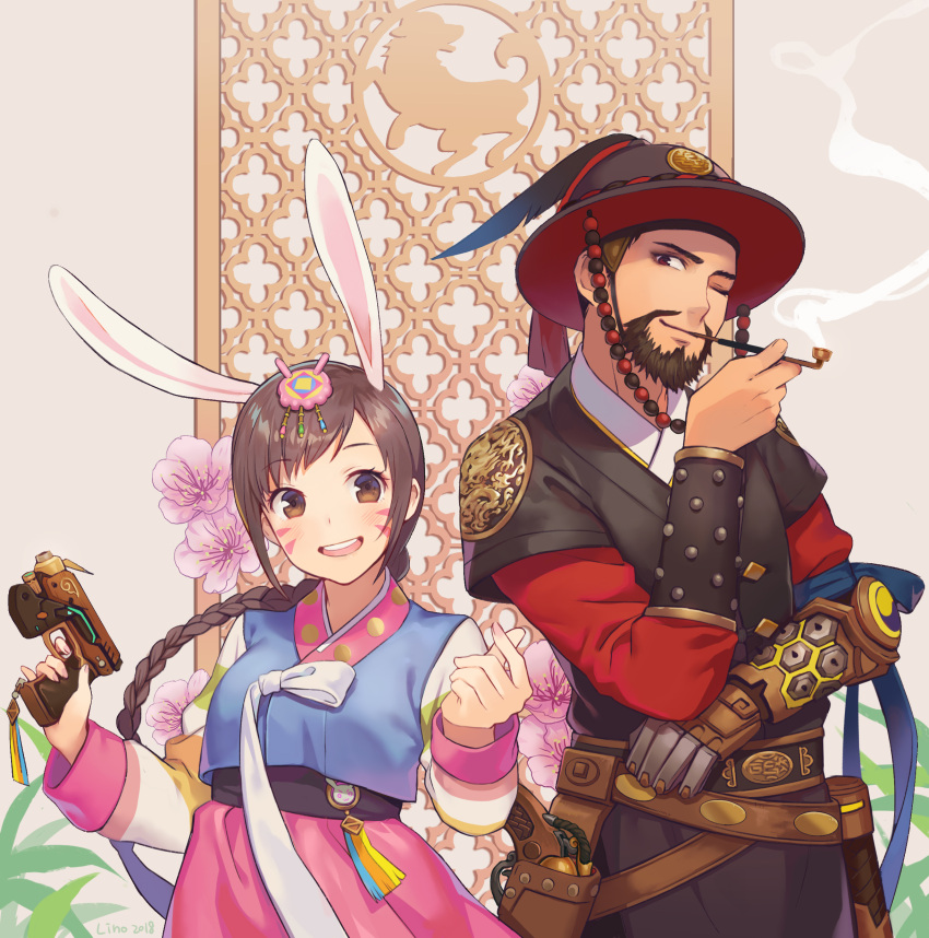 0910popo 1boy 1girl absurdres alternate_costume alternate_hairstyle animal_ears bangs braid breasts brown_eyes brown_hair bunny_hair_ornament d.va_(overwatch) facepaint facial_hair facial_mark finger_on_trigger gun hair_ornament hanbok handgun hat highres holding holding_gun holding_weapon holster holstered_weapon korean_clothes long_hair long_sleeves looking_at_viewer magistrate_mccree mccree_(overwatch) mechanical_arm one_eye_closed open_mouth overwatch palanquin_d.va pink_skirt pipe pipe_in_mouth pistol rabbit_ears revolver short_hair skirt small_breasts smile smoking striped_sleeves weapon whisker_markings