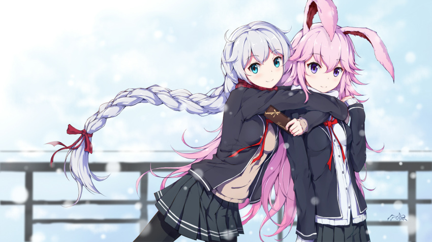 2girls animal_ears bangs benghuai_xueyuan black_legwear black_skirt blazer blue_eyes bow braid cardigan character_request eyebrows_visible_through_hair highres honkai_impact hug hug_from_behind jacket long_braid long_hair looking_at_viewer miniskirt multiple_girls open_blazer open_clothes open_jacket pink_hair plaid plaid_scarf pleated_skirt rabbit_ears red_bow scarf school_uniform shibanme_tekikumo silver_hair single_braid skirt smile snow snowing thigh-highs very_long_hair white_scarf yae_sakura_(benghuai_xueyuan)