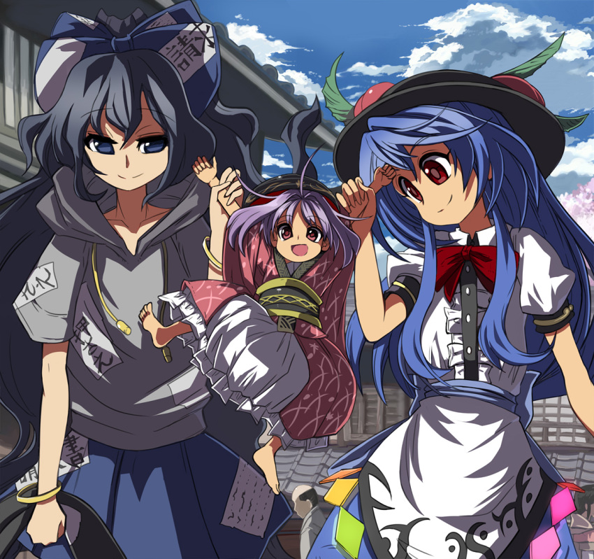 1boy 4girls ahoge bangle barefoot blouse blue_bow blue_eyes blue_hair blue_skirt blue_sky bow bowl bowl_hat bracelet building cherry_blossoms clouds collarbone commentary_request day debt eyebrows_visible_through_hair faceless faceless_male food frills fruit grey_hoodie hair_bow hat hinanawi_tenshi holding holding_another's_arm human_village_(touhou) japanese_clothes jewelry kimono leaf long_hair long_sleeves looking_at_viewer multiple_girls neck_bow obi open_mouth outdoors peach puffy_short_sleeves puffy_sleeves purple_hair red_bow red_eyes red_kimono red_neckwear sash shope short_hair short_sleeves sidelocks skirt sky smile sukuna_shinmyoumaru touhou very_long_hair white_blouse wide_sleeves yorigami_shion