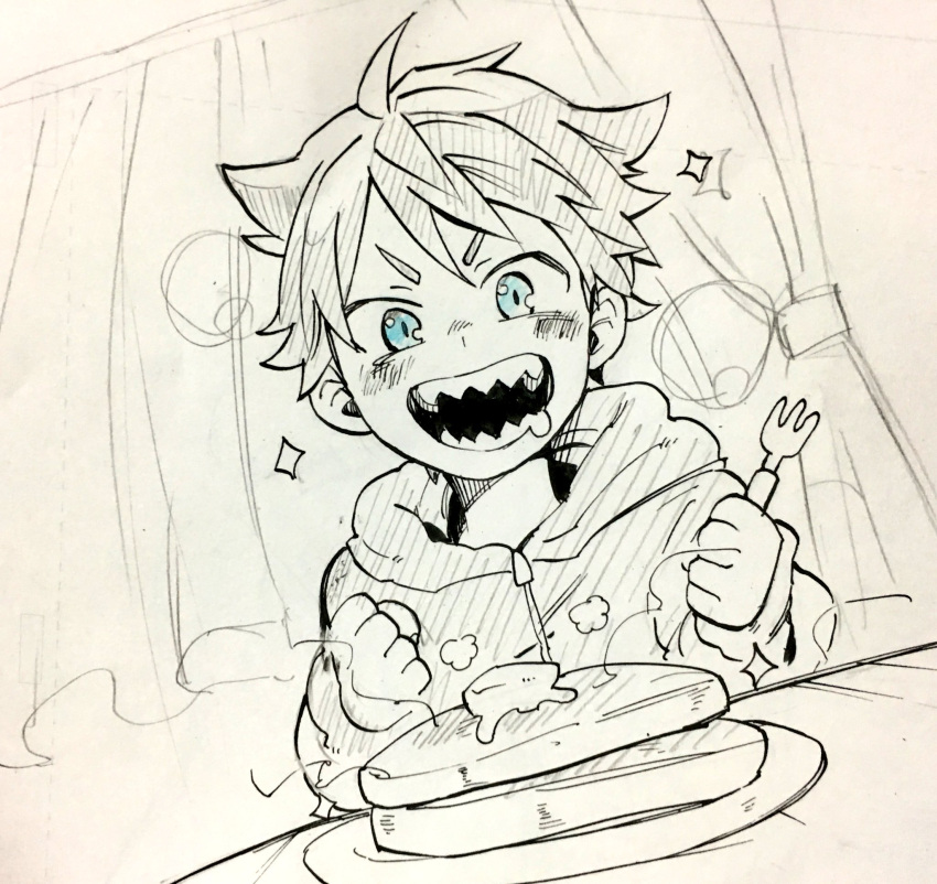 1boy akuno_hideo's_brother blue_eyes clenched_hands colored_pencil_(medium) curtains drooling dutch_angle food fork graphite_(medium) highres hood hoodie idolmaster idolmaster_side-m male_focus open_mouth pancake plate pointy_hair saliva sharp_teeth sitting smile solo teeth traditional_media