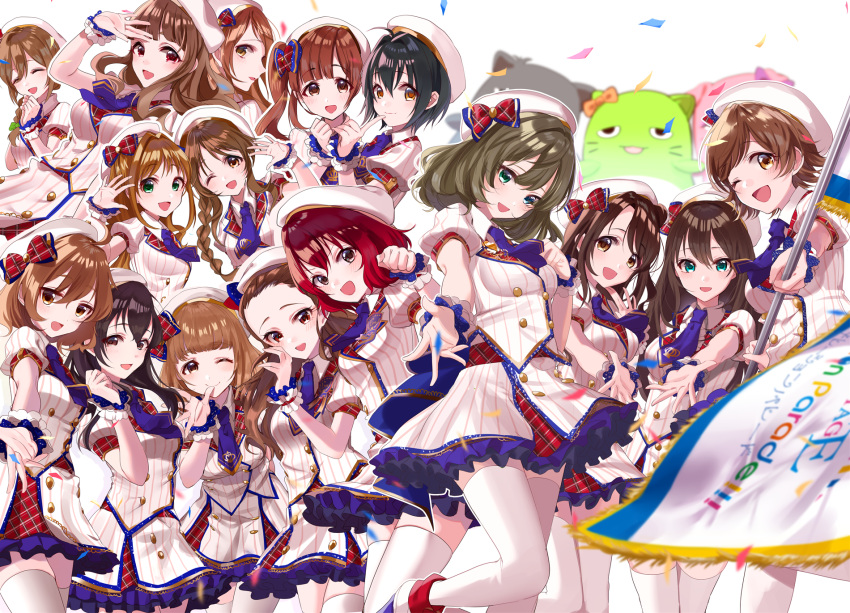 6+girls ;d black_hair blue bow braid breasts brown_hair closed_eyes flag green_eyes hair_bow hair_ornament hat highres holding holding_flag honda_mio idolmaster idolmaster_cinderella_girls long_hair looking_at_viewer medium_breasts multiple_girls necktie one_eye_closed open_mouth red_bow redhead shibuya_rin shimamura_uzuki short_hair short_necktie short_sleeves sinsihukunokonaka smile takagaki_kaede thigh-highs white_background white_hat white_legwear wrist_cuffs yellow_eyes