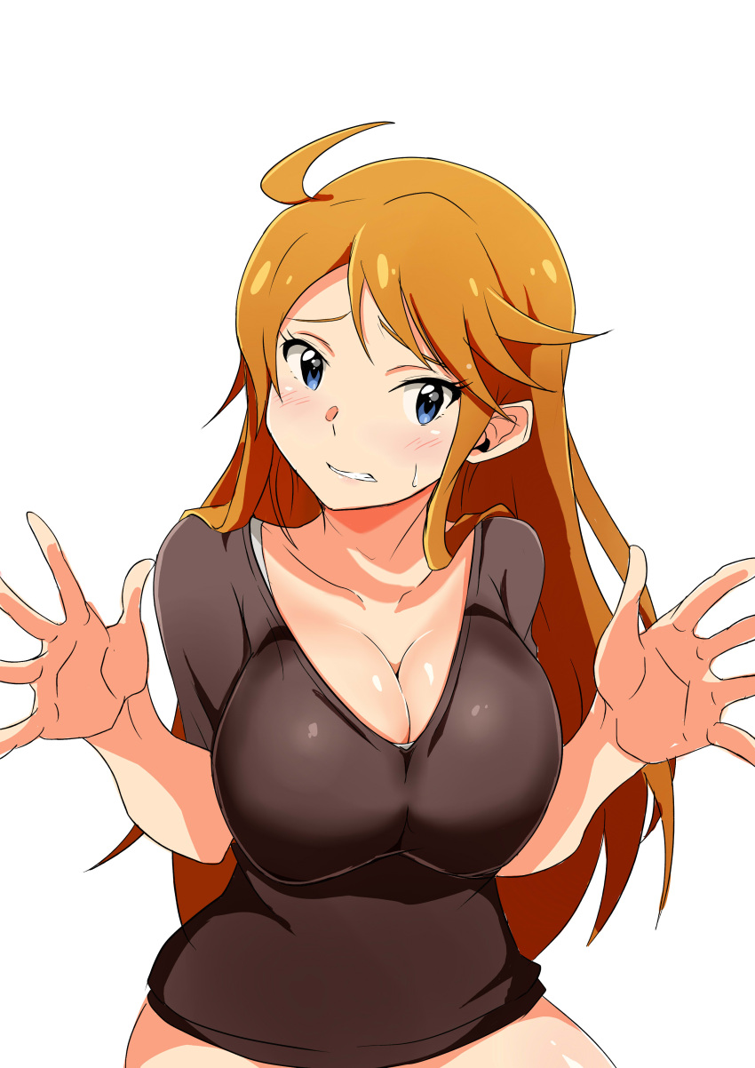1girl absurdres black_shirt blue_eyes blush breasts brown_hair cleavage clenched_teeth highres idolmaster idolmaster_million_live! j.roswel large_breasts long_hair shirt simple_background solo sweatdrop teeth tokoro_megumi very_long_hair white_background