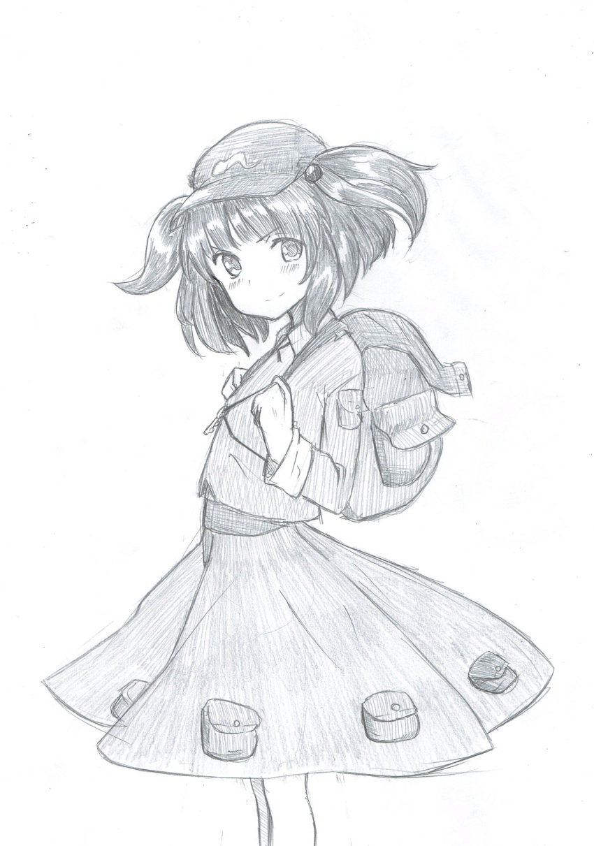 1girl backpack bag blush closed_mouth collar collared_shirt feet_out_of_frame graphite_(medium) greyscale hair_bobbles hair_ornament hat head_tilt highres kappa kawashiro_nitori key long_sleeves looking_at_viewer mahiro_(akino-suisen) monochrome pocket pouch shirt short_hair short_twintails skirt skirt_set sleeve_cuffs smile solo standing touhou traditional_media twintails