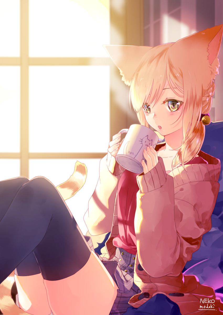 1girl animal_ears artist_name bangs black_legwear blonde_hair blush braid cardigan cat_ears cat_tail cup hair_bobbles hair_ornament highres holding lili_mdoki looking_at_viewer open_cardigan open_clothes open_mouth original sitting skirt slit_pupils solo tail thigh-highs yellow_eyes