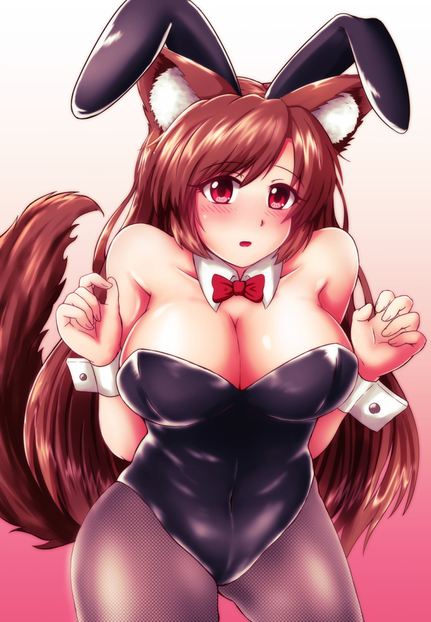 1girl animal_ears bare_shoulders black_leotard bow bowtie breasts bunny_girl bunnysuit cleavage collarbone covered_navel detached_collar fake_animal_ears fishnet_pantyhose fishnets gradient gradient_background high_heels highres imaizumi_kagerou large_breasts leotard long_hair looking_at_viewer open_mouth pantyhose rabbit_ears red_eyes solo sotomichi strapless strapless_leotard tail touhou wolf_ears wolf_tail wrist_cuffs