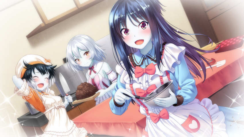 3girls :d aleister_air alternate_costume anna_tristos apron arm_behind_back black_hair blush bow bowl brown_eyes chocolate closed_eyes formation_girls game_cg grey_hair hat holding holding_bowl holding_knife indoors kitchen knife long_hair looking_at_viewer marina_fudou multicolored_hair multiple_girls official_art open_mouth pale_skin pink_bow short_hair smile table tenkuu_nozora two-tone_hair valentine violet_eyes white_apron white_hair