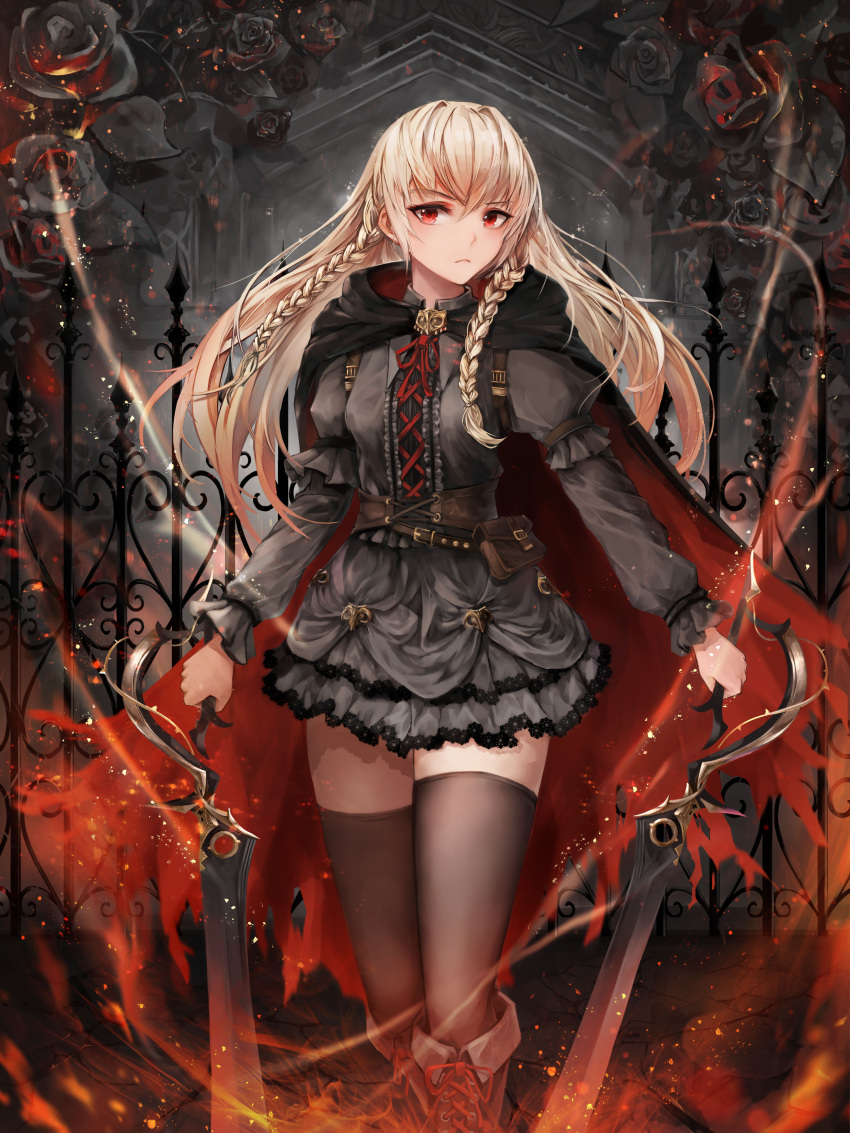 1girl absurdres armlet bangs black_cape black_dress black_footwear black_legwear blonde_hair boots braid breasts cape closed_mouth cowboy_shot cross-laced_clothes crystalherb dress dual_wielding fire flower frills highres holding holding_weapon indoors lolita_fashion long_hair long_sleeves looking_at_viewer neck_ribbon original pleated_dress puffy_long_sleeves puffy_sleeves red_eyes ribbon rose short_dress solo standing sword thigh-highs weapon zettai_ryouiki