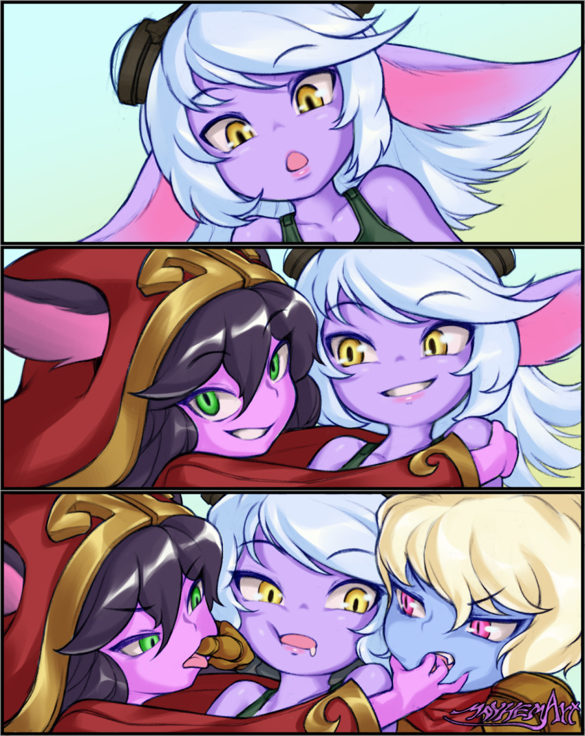 3girls 3koma animal_ears blonde_hair blue_skin blush comic drooling eyebrows_visible_through_hair fang goggles goggles_on_head green_eyes half-closed_eyes hat highres hug league_of_legends looking_at_viewer lulu_(league_of_legends) mayhem multiple_girls open_mouth pink_eyes poppy purple_hair purple_skin slit_pupils smile teeth tongue tristana white_hair witch_hat yellow_eyes yordle