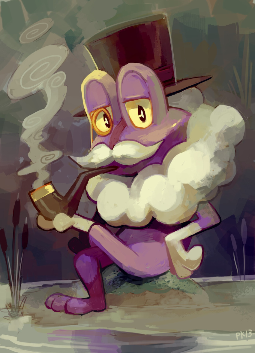 alternate_color clothed_pokemon commentary commission facial_hair froakie full_body glitchedpuppet hat highres holding holding_pipe looking_at_viewer monocle mustache no_humans not_shiny_pokemon pipe plant pokemon pokemon_(creature) pokemon_(game) pokemon_xy purple_skin rock signature sitting smoke smoking solo top_hat water yellow_eyes
