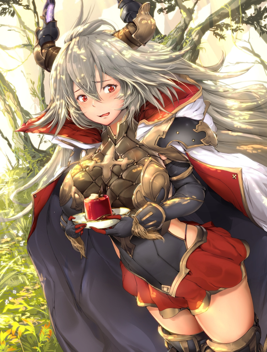 1girl black_legwear blush boots bracer breasts cake cape cowboy_shot day draph dutch_angle elbow_gloves embarrassed food gloves granblue_fantasy grey_hair hair_between_eyes highres horns huge_breasts light_rays long_hair looking_away open_mouth outdoors pekoneko plate red_eyes skirt solo sunbeam sunlight thalatha_(granblue_fantasy) thigh-highs thigh_boots tree valentine very_long_hair wavy_mouth wrist_guards