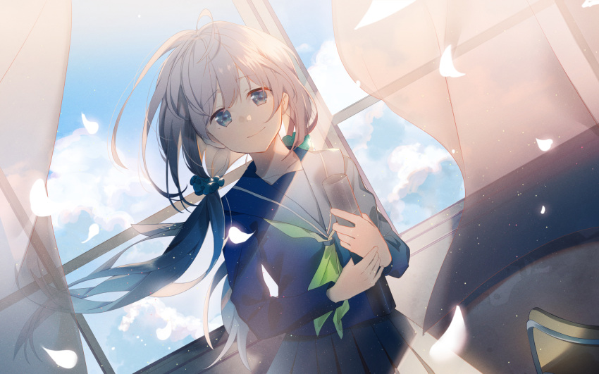 1girl bangs closed_mouth collarbone eyebrows_visible_through_hair grey_hair hair_between_eyes highres holding long_hair long_sleeves looking_at_viewer low_twintails original petals school_uniform shaded_face skirt sky smile solo standing sunlight tatsumi3 twintails wind window