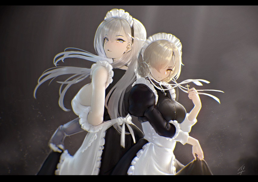 2girls apron azur_lane back-to-back belfast_(azur_lane) blonde_hair blue_eyes braid breasts cross dress dress_lift erect_nipples hair_over_one_eye hayabusa highres large_breasts letterboxed long_hair long_sleeves looking_at_viewer maid maid_apron maid_headdress multiple_girls parted_lips puffy_long_sleeves puffy_sleeves sheffield_(azur_lane) short_hair silver_hair yellow_eyes