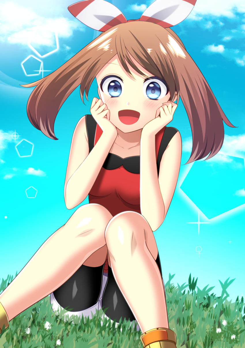 1girl :d absurdres bike_shorts black_shirt black_shorts blue_eyes blue_sky blush breasts brown_hair clouds collarbone day eyebrows_visible_through_hair hair_ribbon haruka_(pokemon) haruka_(pokemon)_(remake) highres long_hair looking_at_viewer medium_breasts open_mouth outdoors pokemon pokemon_(game) pokemon_oras red_shirt ribbon shirt short_shorts shorts shorts_under_shorts sitting sky sleeveless sleeveless_shirt smile solo striped striped_ribbon twintails white_shorts yuihiko